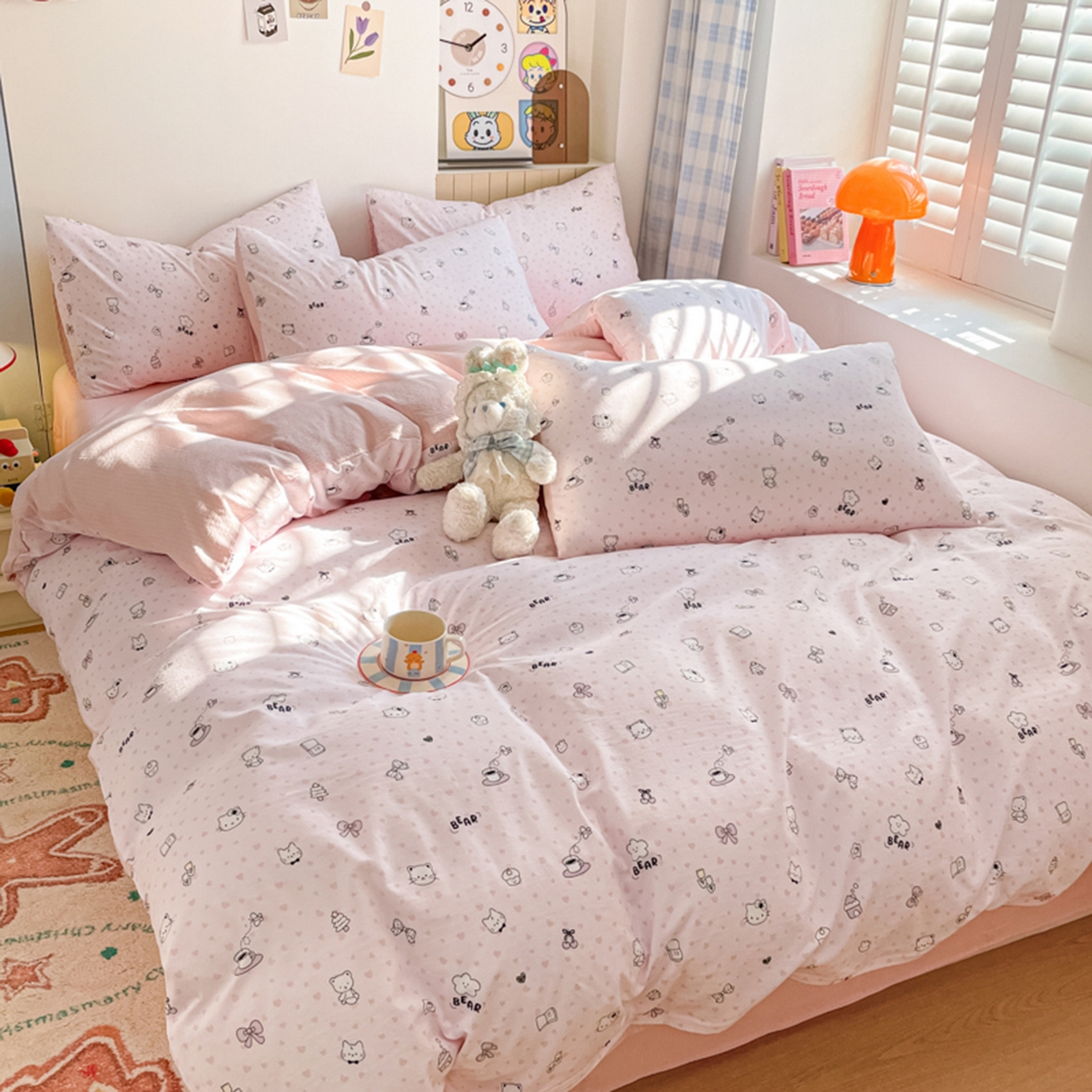 91家纺网 家纺一手货源 找家纺 云玲时尚 2026新款古法水洗仿棉云感纱四件套 爱心甜猫