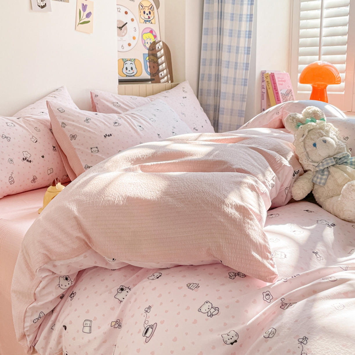 91家纺网 家纺一手货源 找家纺 云玲时尚 2026新款古法水洗仿棉云感纱四件套 爱心甜猫