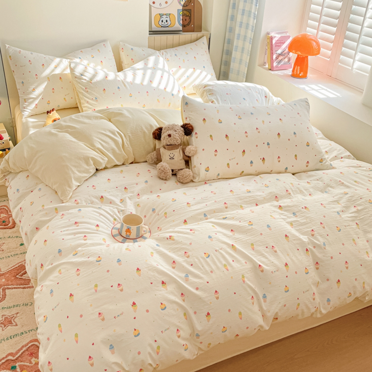 91家纺网 家纺一手货源 找家纺 云玲时尚 2026新款古法水洗仿棉云感纱四件套 冰激凌超甜