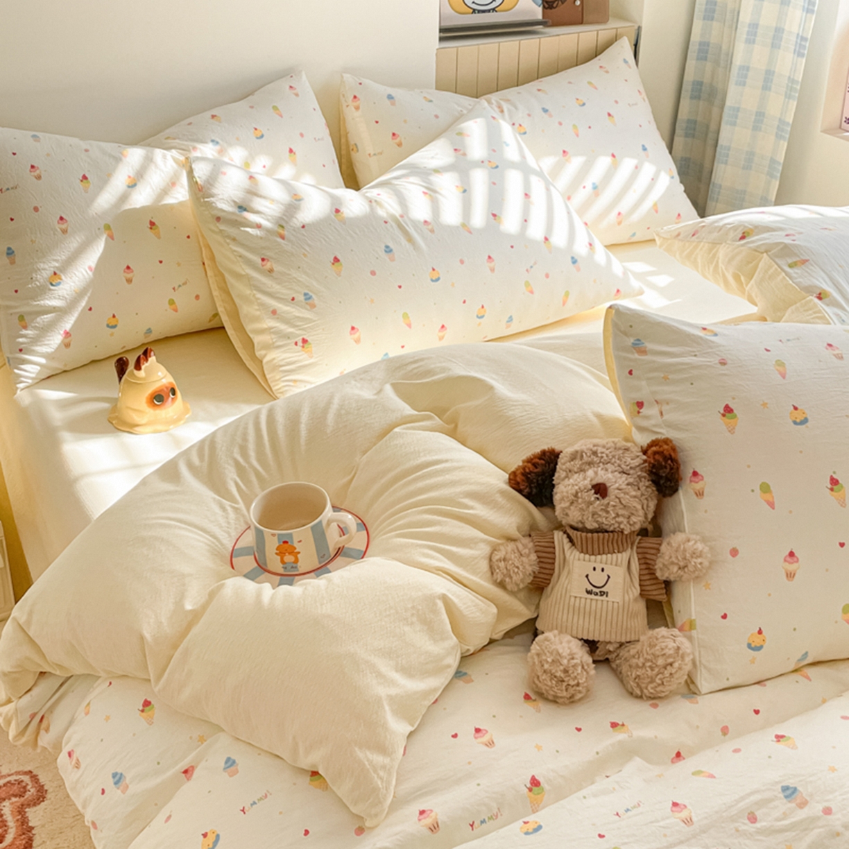 91家纺网 家纺一手货源 找家纺 云玲时尚 2026新款古法水洗仿棉云感纱四件套 冰激凌超甜