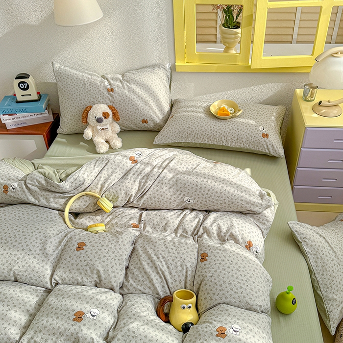 云玲时尚 2026新款云感双层纱印花四件套 点点小狗