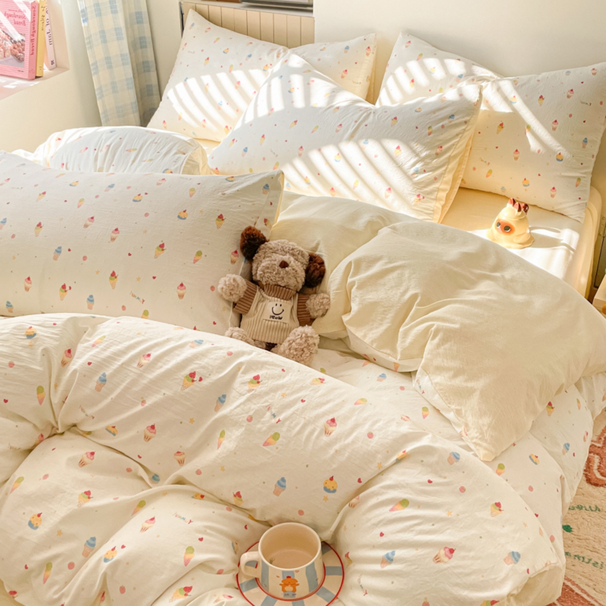 91家纺网 家纺一手货源 找家纺 云玲时尚 2026新款古法水洗仿棉云感纱四件套 冰激凌超甜