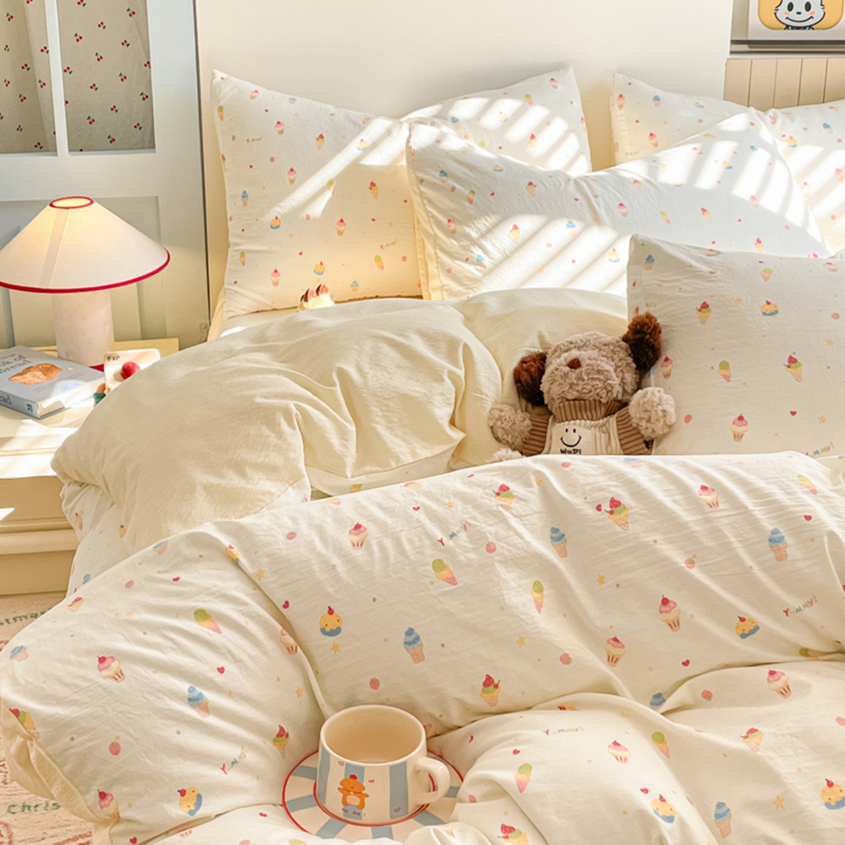 91家纺网 家纺一手货源 找家纺 云玲时尚 2026新款古法水洗仿棉云感纱四件套 冰激凌超甜