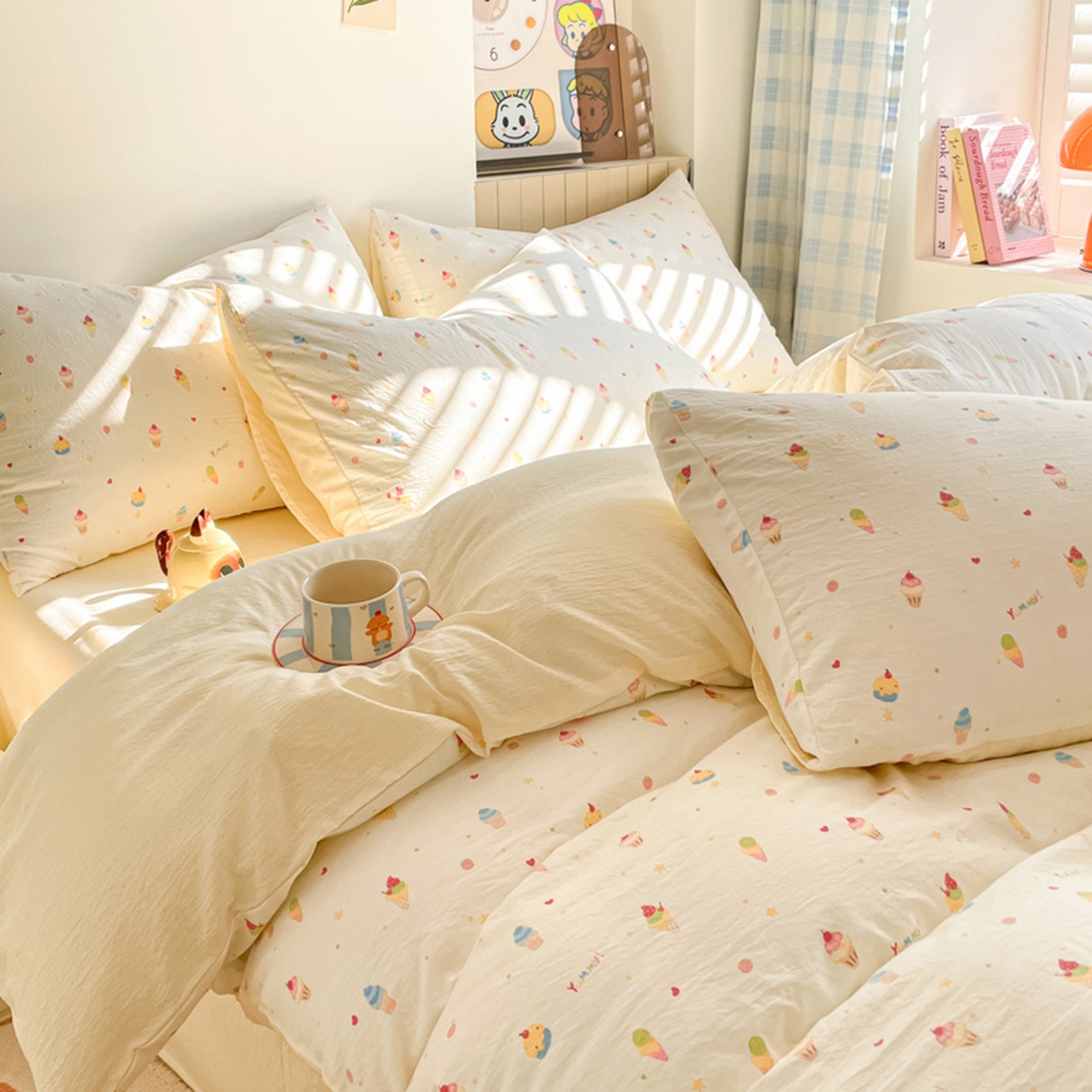 91家纺网 家纺一手货源 找家纺 云玲时尚 2026新款古法水洗仿棉云感纱四件套 冰激凌超甜