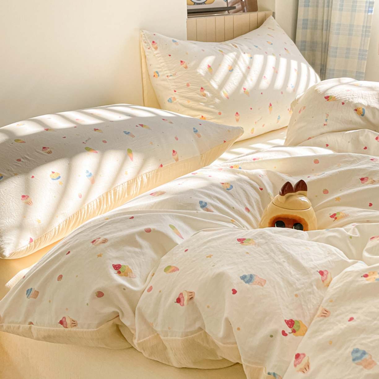 91家纺网 家纺一手货源 找家纺 云玲时尚 2026新款古法水洗仿棉云感纱四件套 冰激凌超甜