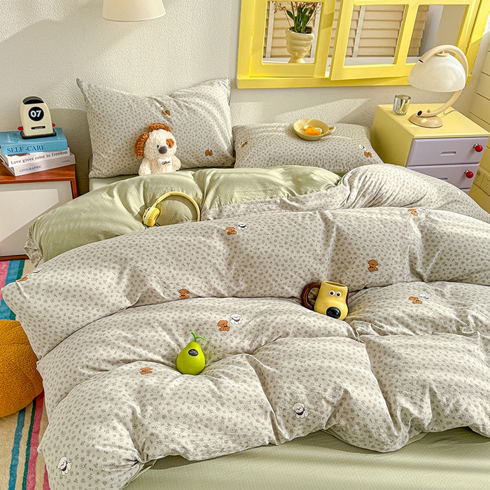 91家纺网 家纺一手货源 找家纺 云玲时尚 2026新款云感双层纱印花四件套 点点小狗