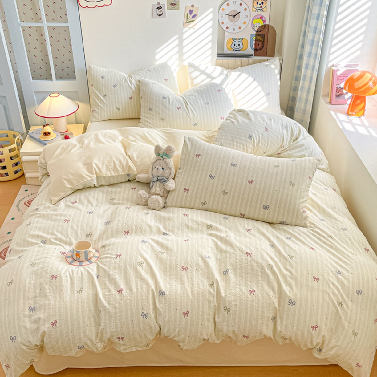 91家纺网 家纺一手货源 找家纺 云玲时尚 2026新款古法水洗仿棉云感纱四件套 蝴蝶结