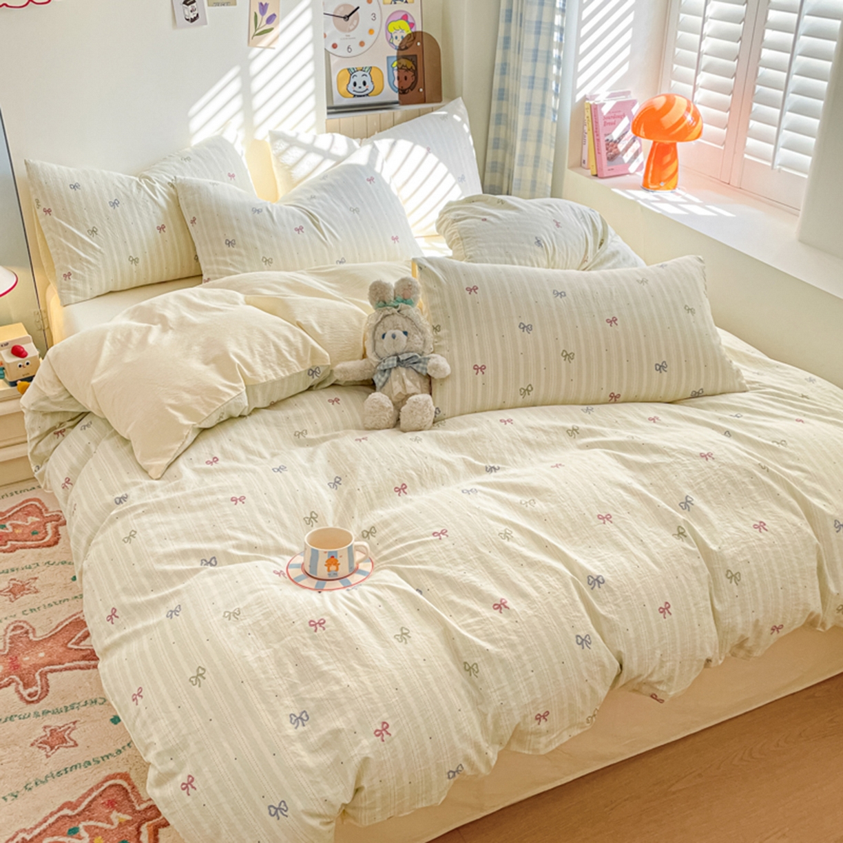 91家纺网 家纺一手货源 找家纺 云玲时尚 2026新款古法水洗仿棉云感纱四件套 蝴蝶结