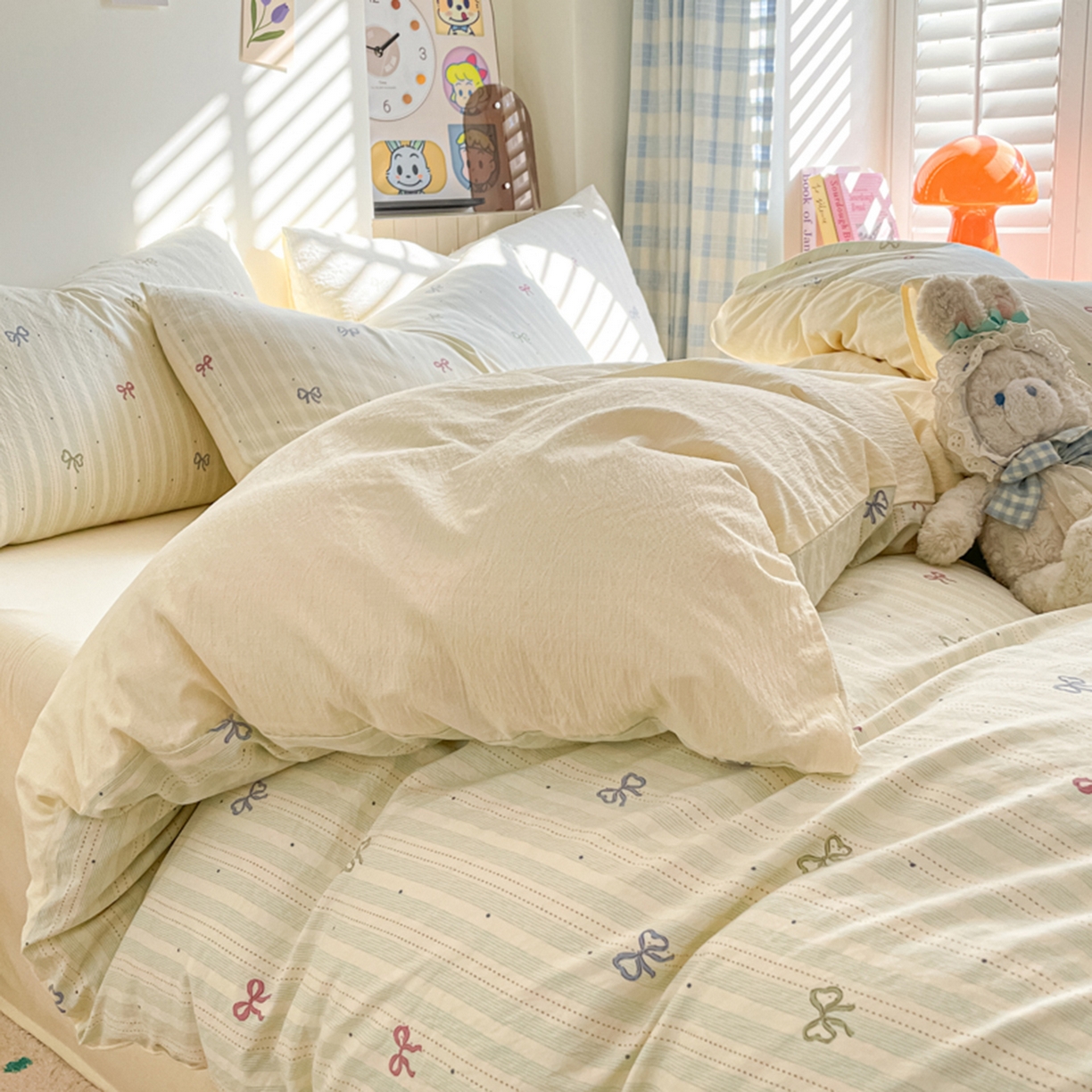 91家纺网 家纺一手货源 找家纺 云玲时尚 2026新款古法水洗仿棉云感纱四件套 蝴蝶结