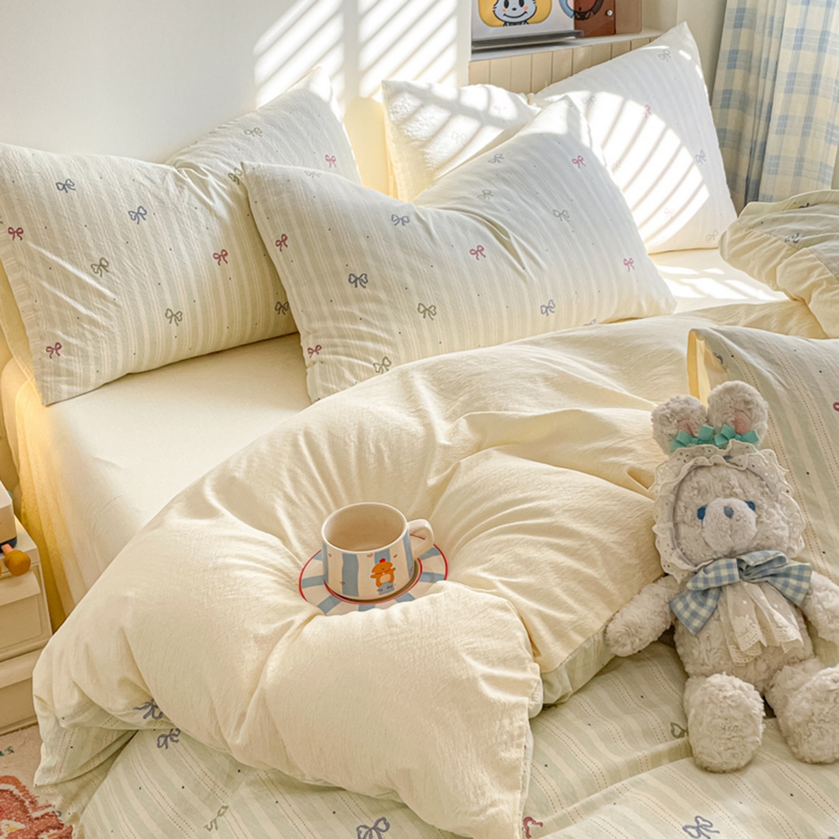 91家纺网 家纺一手货源 找家纺 云玲时尚 2026新款古法水洗仿棉云感纱四件套 蝴蝶结