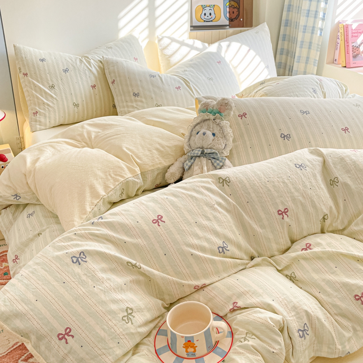 91家纺网 家纺一手货源 找家纺 云玲时尚 2026新款古法水洗仿棉云感纱四件套 蝴蝶结