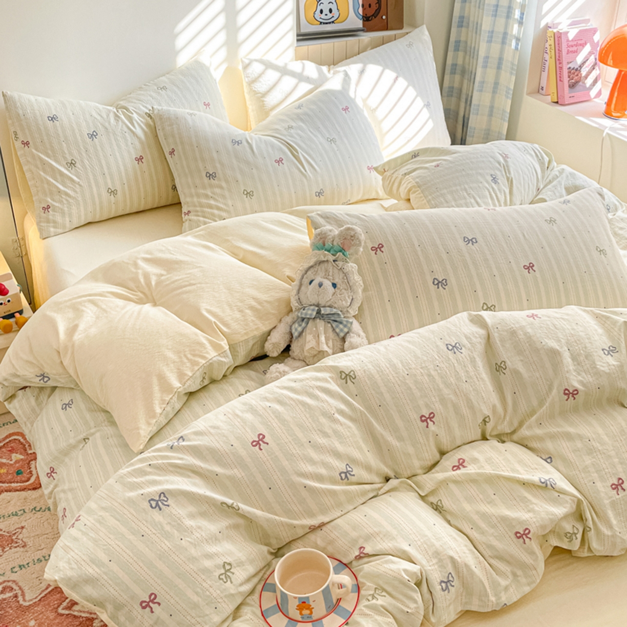 91家纺网 家纺一手货源 找家纺 云玲时尚 2026新款古法水洗仿棉云感纱四件套 蝴蝶结