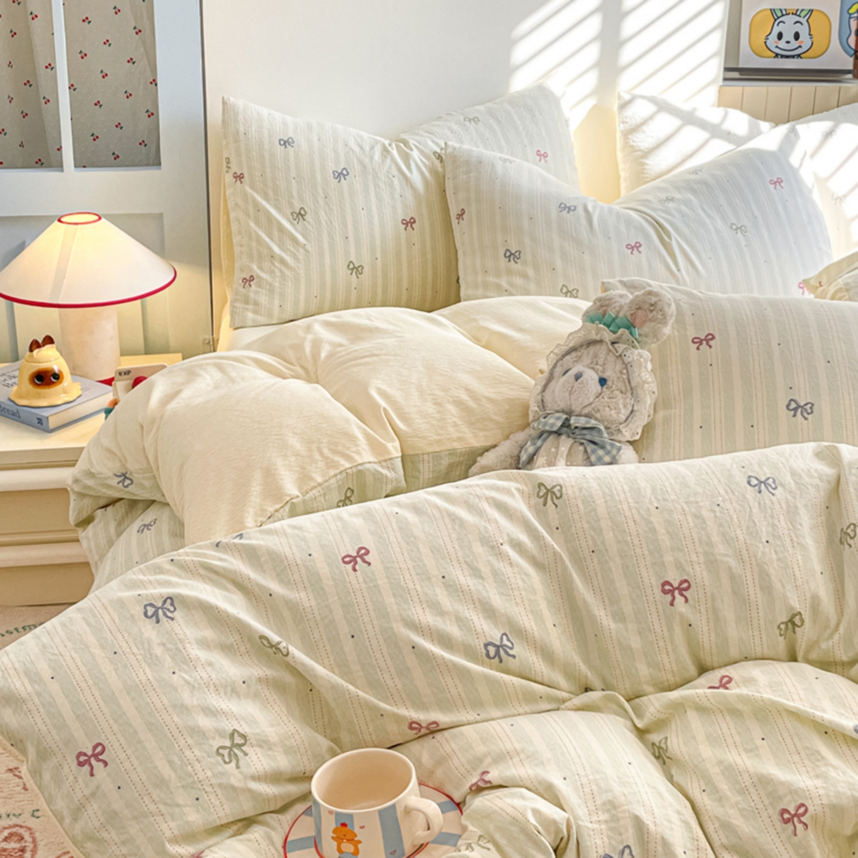 91家纺网 家纺一手货源 找家纺 云玲时尚 2026新款古法水洗仿棉云感纱四件套 蝴蝶结