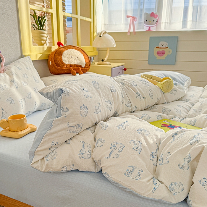 91家纺网 家纺一手货源 找家纺 云玲时尚 2026新款云感双层纱印花四件套 韩范小猫