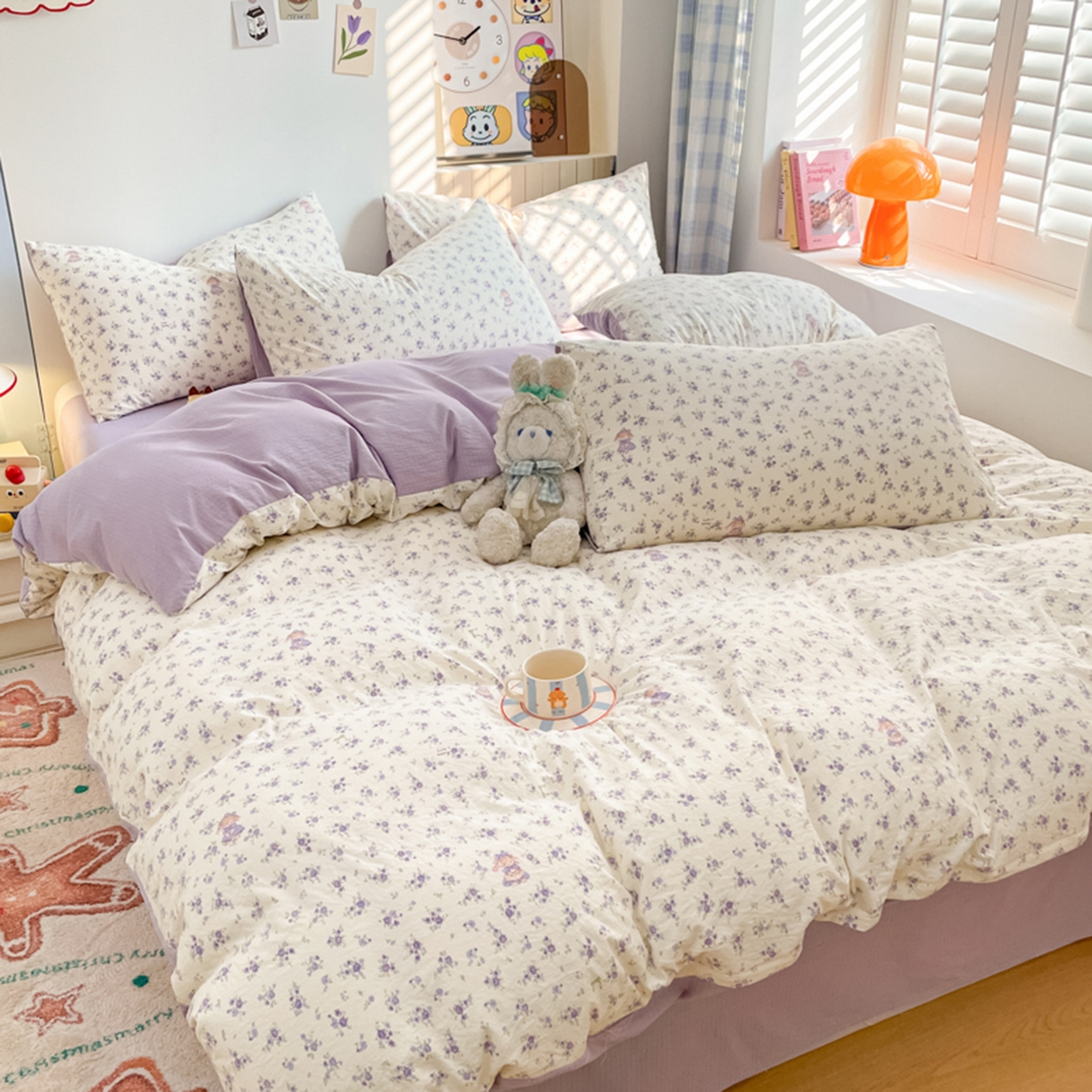 91家纺网 家纺一手货源 找家纺 云玲时尚 2026新款古法水洗仿棉云感纱四件套 花集小兔