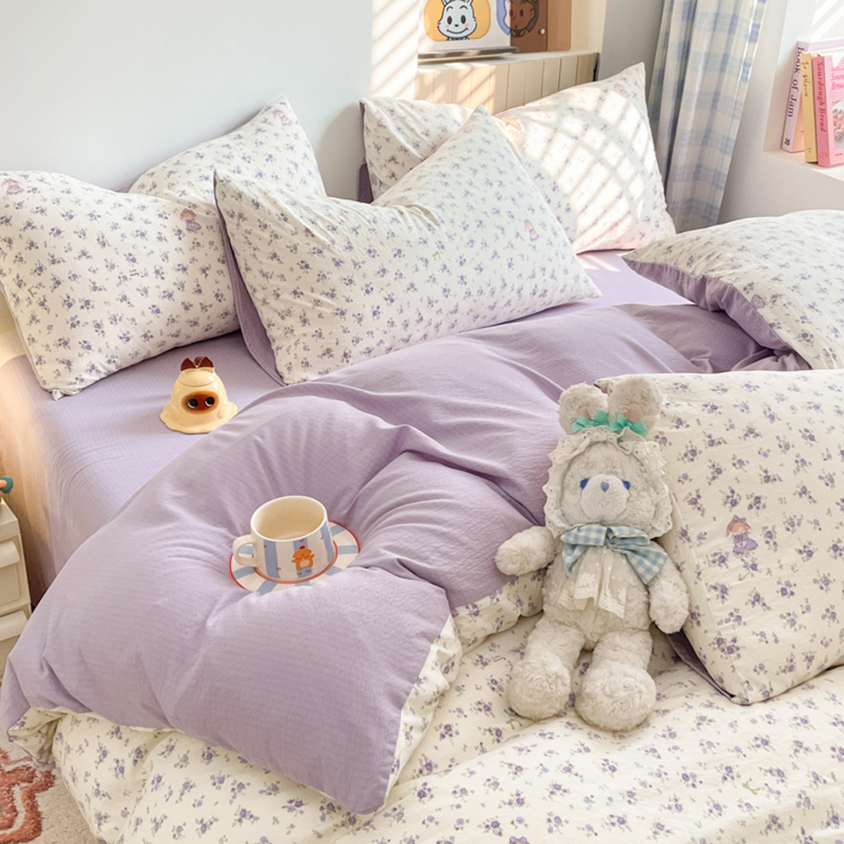 91家纺网 家纺一手货源 找家纺 云玲时尚 2026新款古法水洗仿棉云感纱四件套 花集小兔