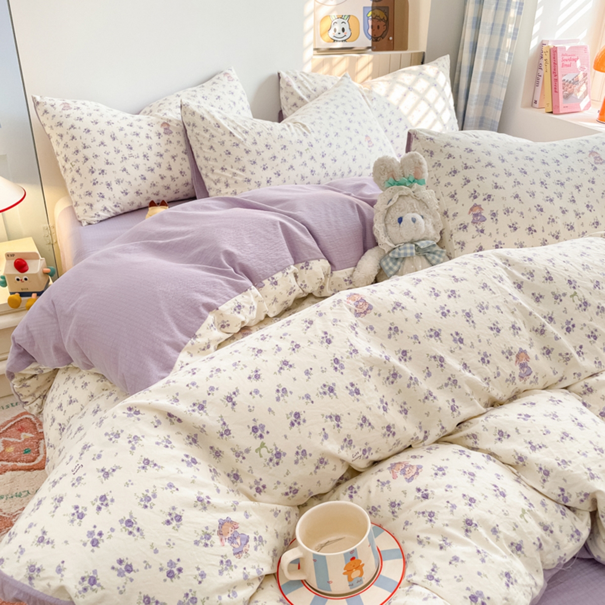 91家纺网 家纺一手货源 找家纺 云玲时尚 2026新款古法水洗仿棉云感纱四件套 花集小兔