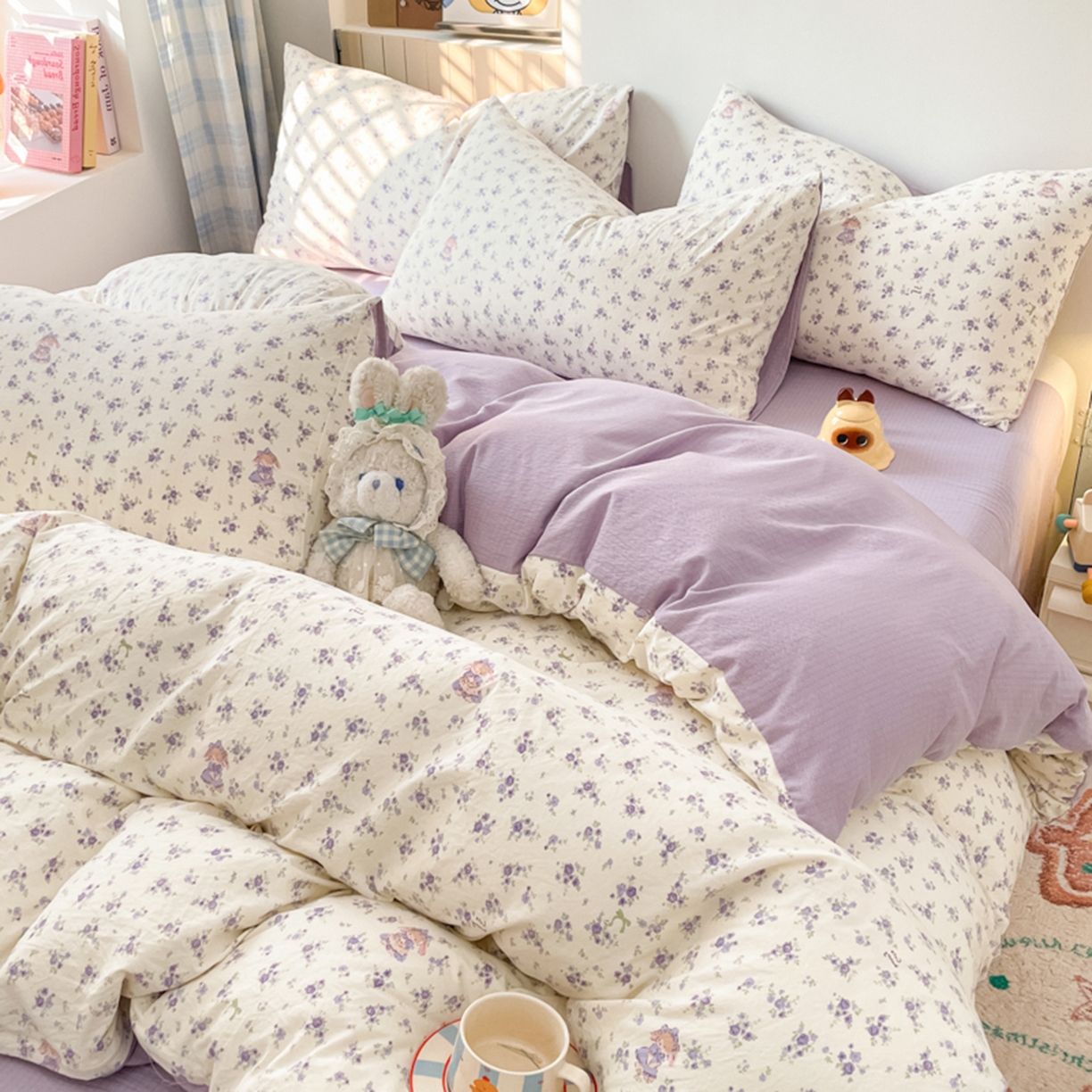 91家纺网 家纺一手货源 找家纺 云玲时尚 2026新款古法水洗仿棉云感纱四件套 花集小兔