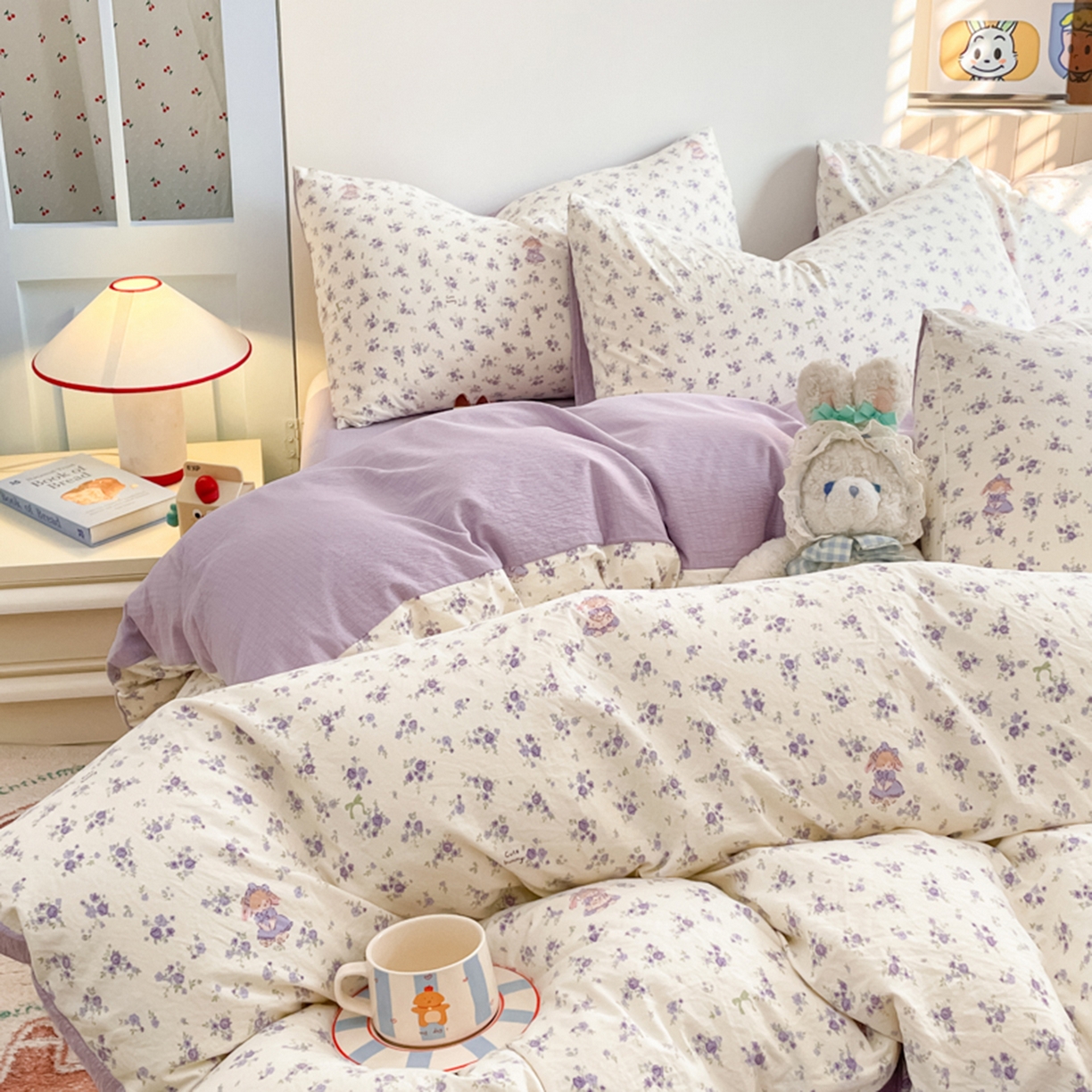 91家纺网 家纺一手货源 找家纺 云玲时尚 2026新款古法水洗仿棉云感纱四件套 花集小兔