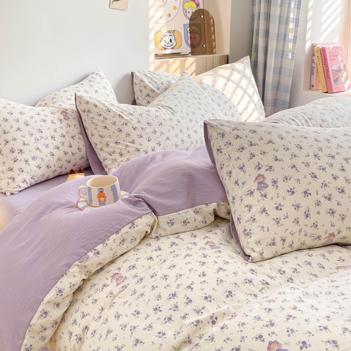 91家纺网 家纺一手货源 找家纺 云玲时尚 2026新款古法水洗仿棉云感纱四件套 花集小兔