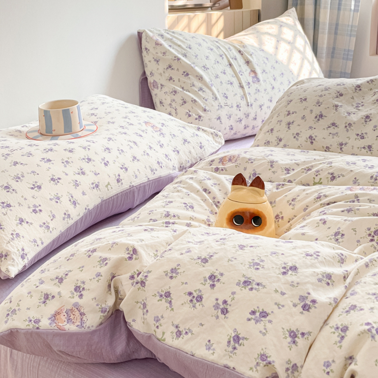 91家纺网 家纺一手货源 找家纺 云玲时尚 2026新款古法水洗仿棉云感纱四件套 花集小兔