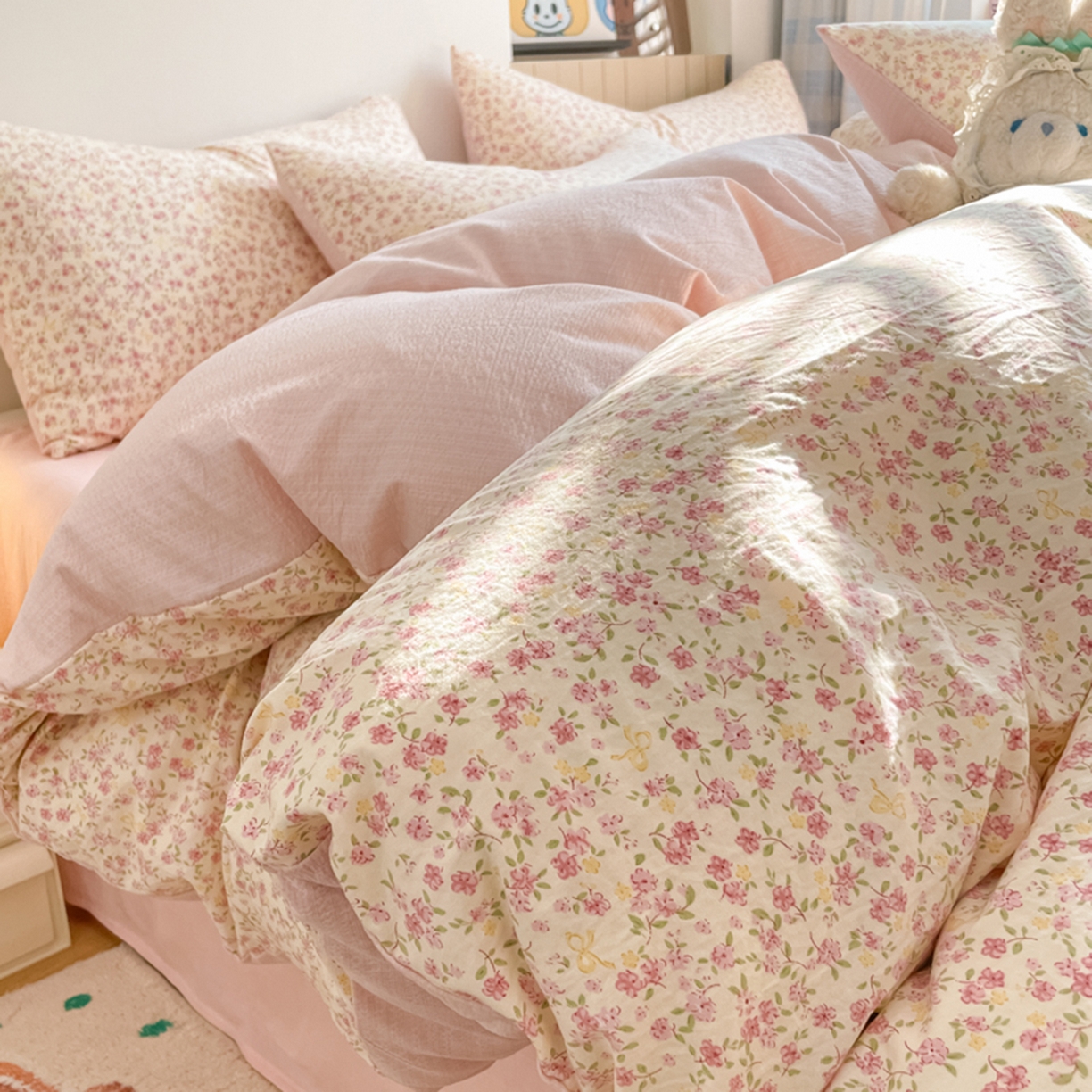 云玲时尚 2026新款古法水洗仿棉云感纱四件套 花颜