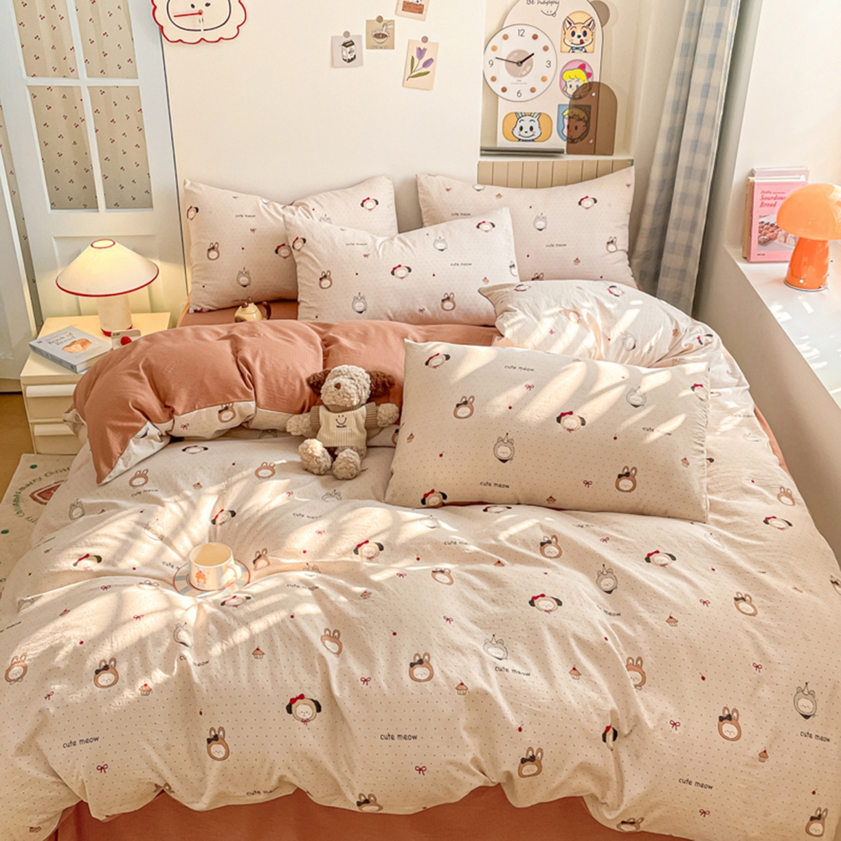 91家纺网 家纺一手货源 找家纺 云玲时尚 2026新款古法水洗仿棉云感纱四件套 焦糖LABUBU