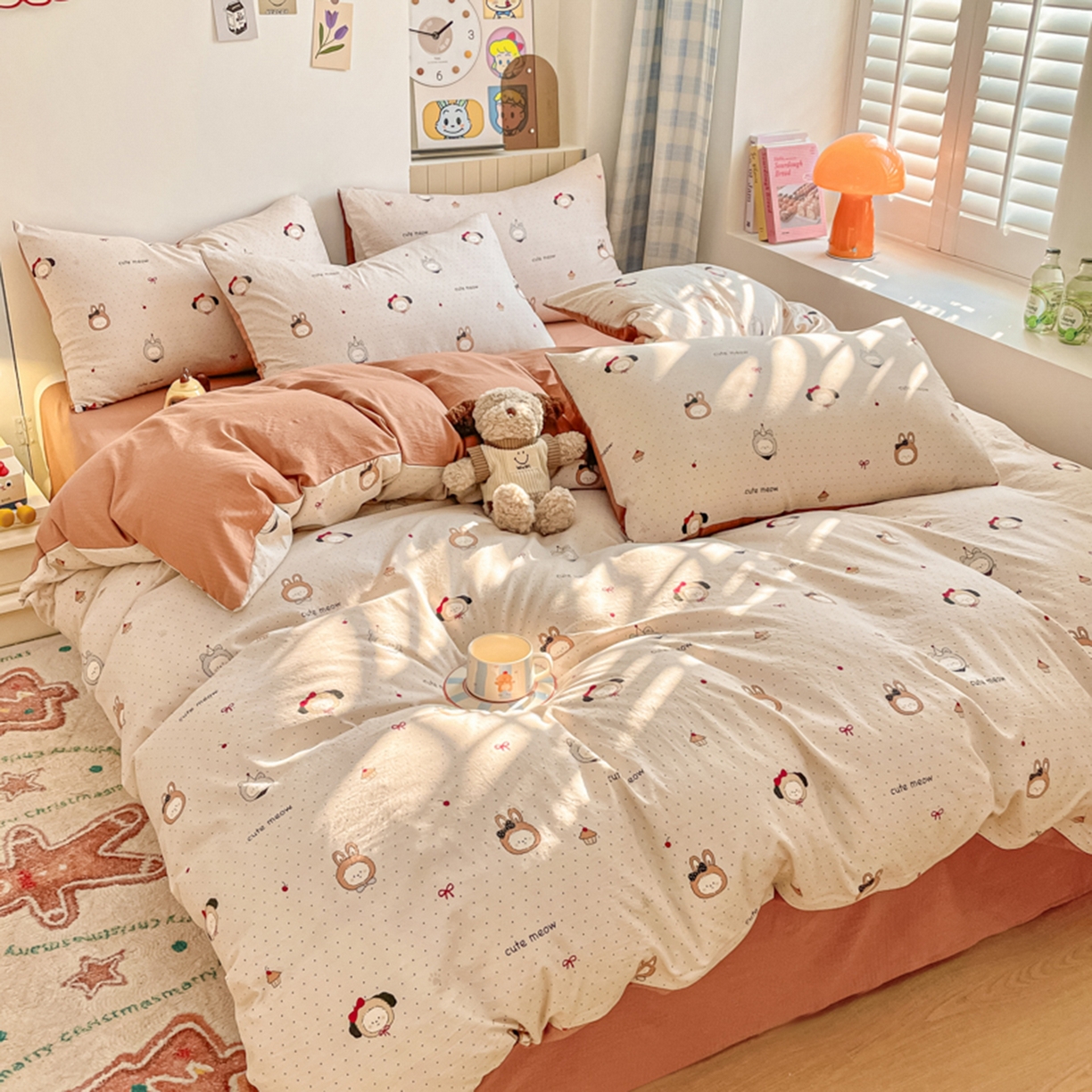 91家纺网 家纺一手货源 找家纺 云玲时尚 2026新款古法水洗仿棉云感纱四件套 焦糖LABUBU