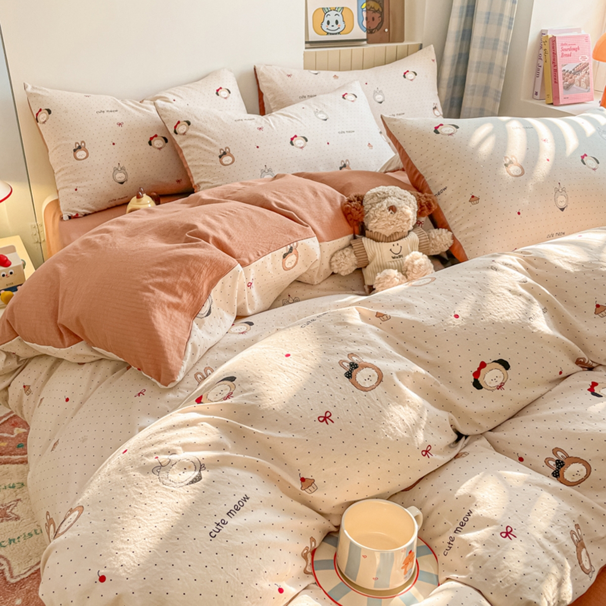 91家纺网 家纺一手货源 找家纺 云玲时尚 2026新款古法水洗仿棉云感纱四件套 焦糖LABUBU