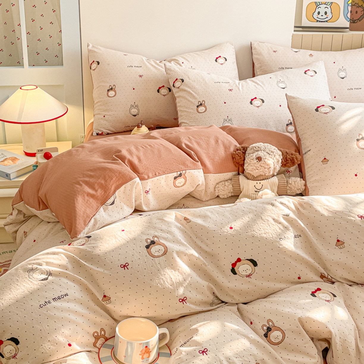 91家纺网 家纺一手货源 找家纺 云玲时尚 2026新款古法水洗仿棉云感纱四件套 焦糖LABUBU