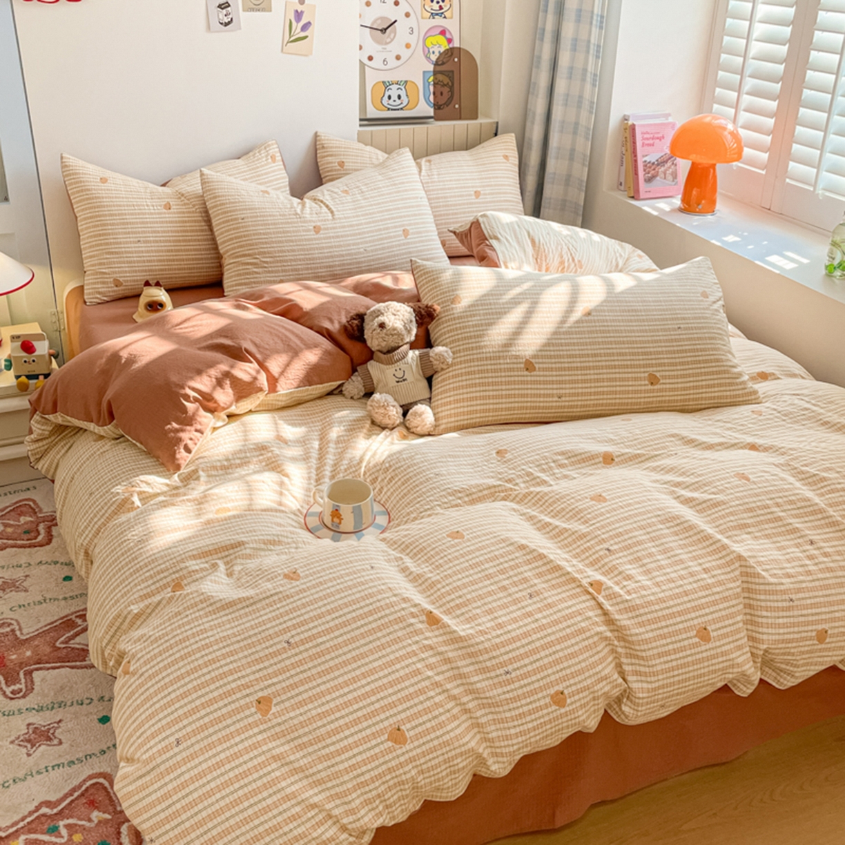 91家纺网 家纺一手货源 找家纺 云玲时尚 2026新款古法水洗仿棉云感纱四件套 可爱南瓜