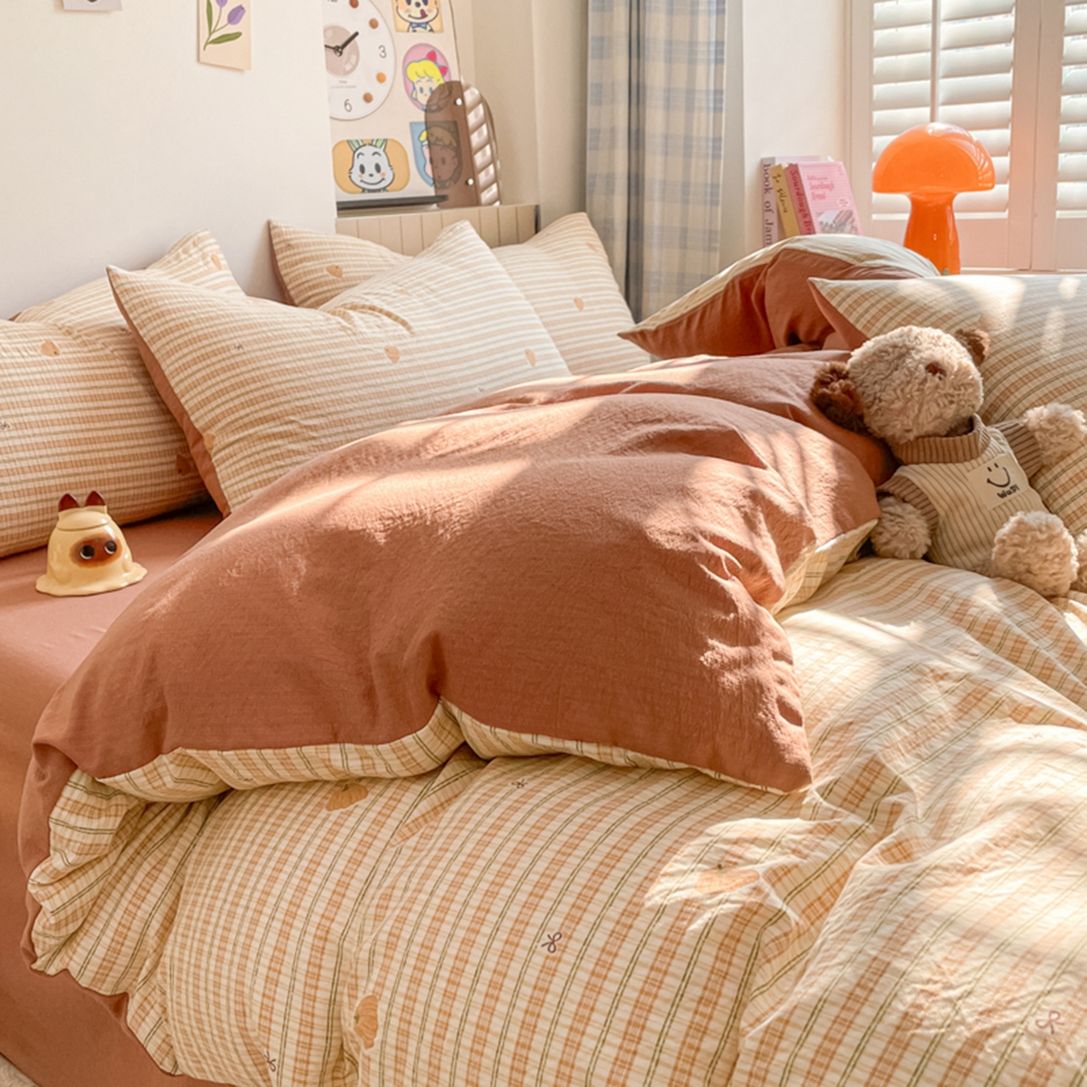 91家纺网 家纺一手货源 找家纺 云玲时尚 2026新款古法水洗仿棉云感纱四件套 可爱南瓜