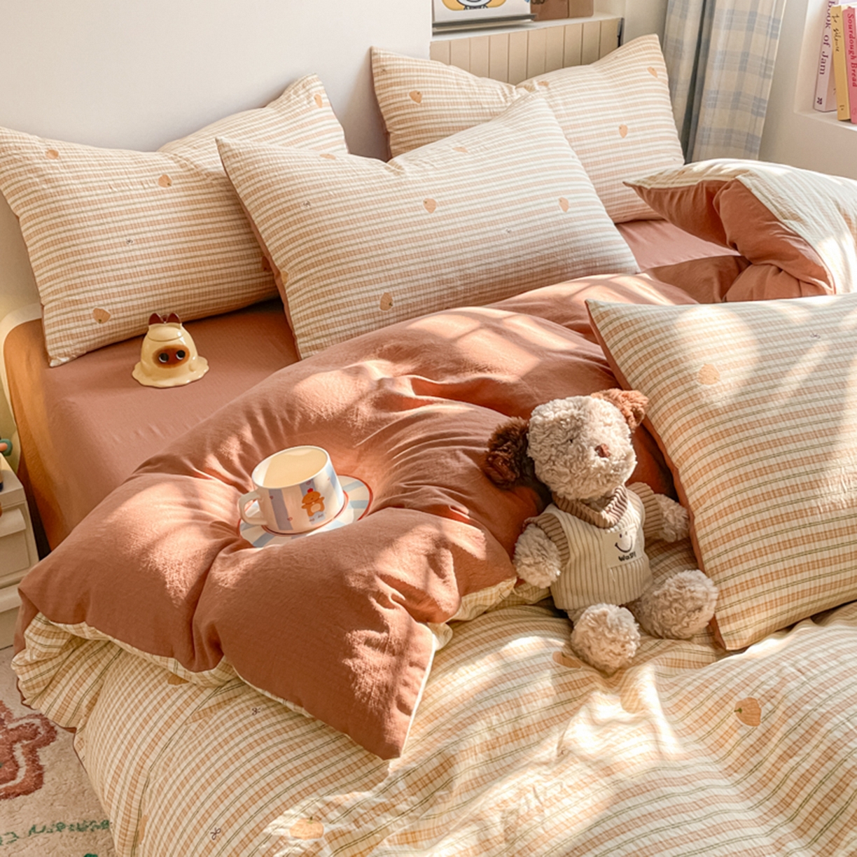 91家纺网 家纺一手货源 找家纺 云玲时尚 2026新款古法水洗仿棉云感纱四件套 可爱南瓜