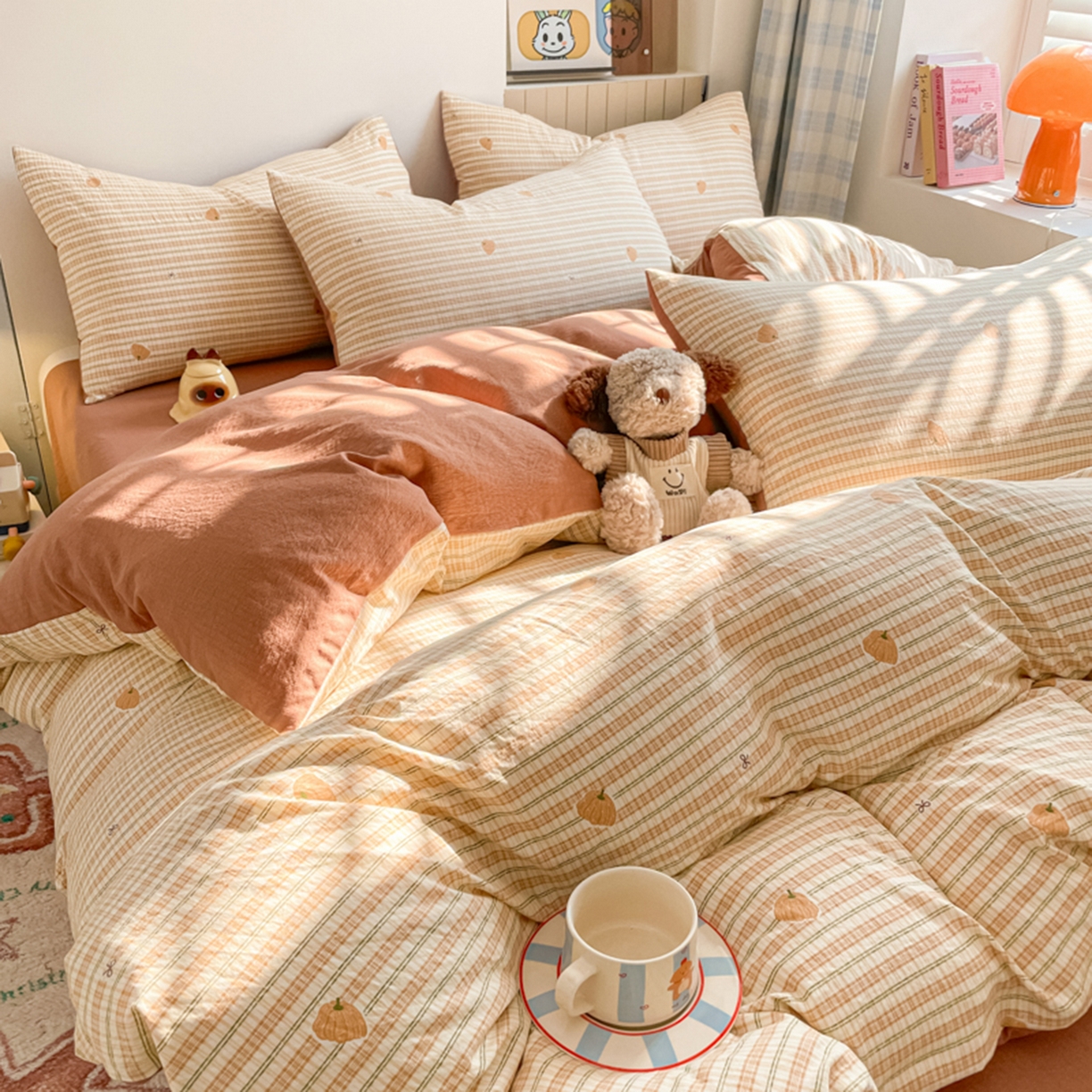 91家纺网 家纺一手货源 找家纺 云玲时尚 2026新款古法水洗仿棉云感纱四件套 可爱南瓜