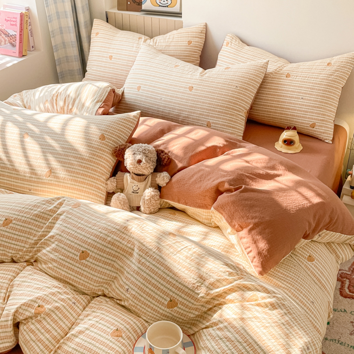 91家纺网 家纺一手货源 找家纺 云玲时尚 2026新款古法水洗仿棉云感纱四件套 可爱南瓜