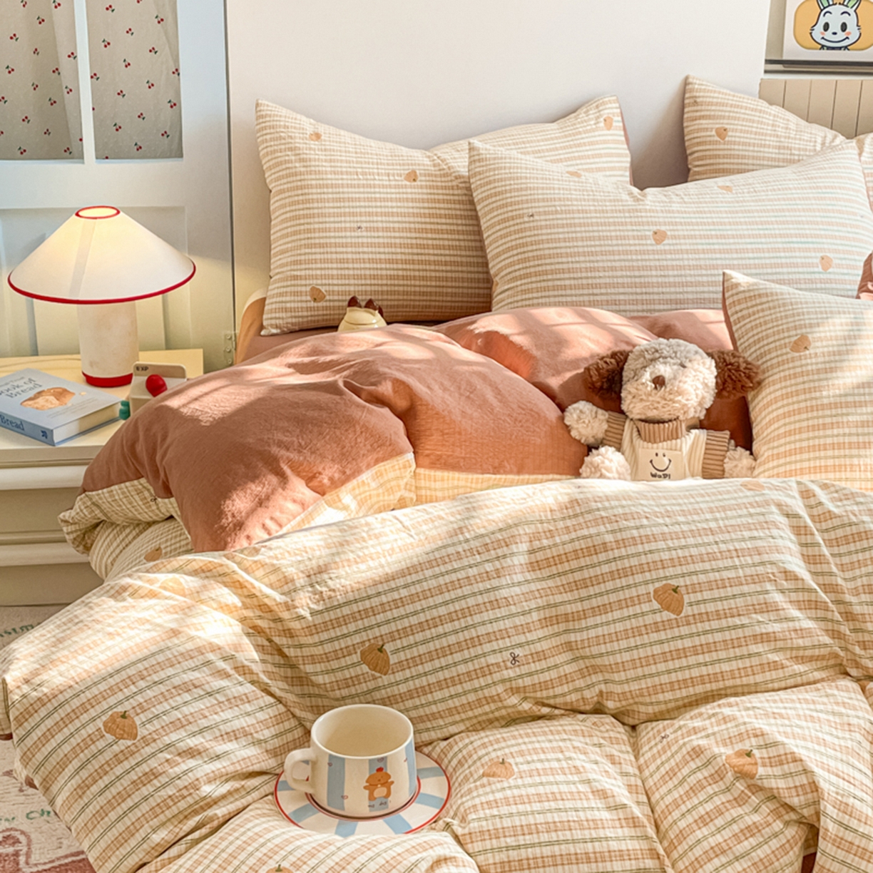 91家纺网 家纺一手货源 找家纺 云玲时尚 2026新款古法水洗仿棉云感纱四件套 可爱南瓜