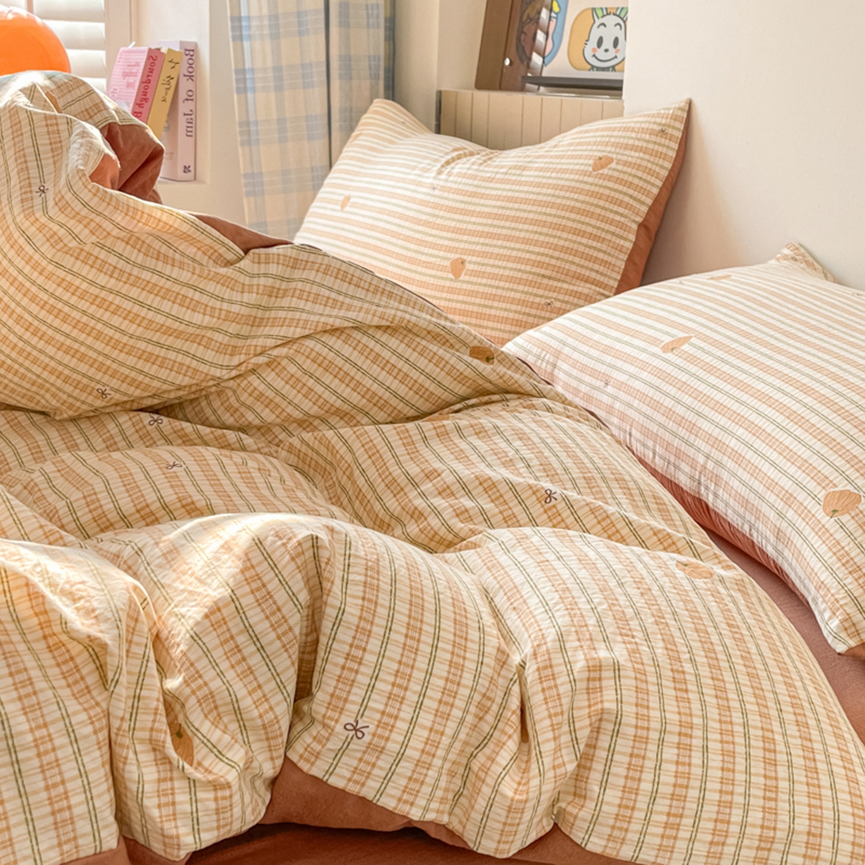 91家纺网 家纺一手货源 找家纺 云玲时尚 2026新款古法水洗仿棉云感纱四件套 可爱南瓜