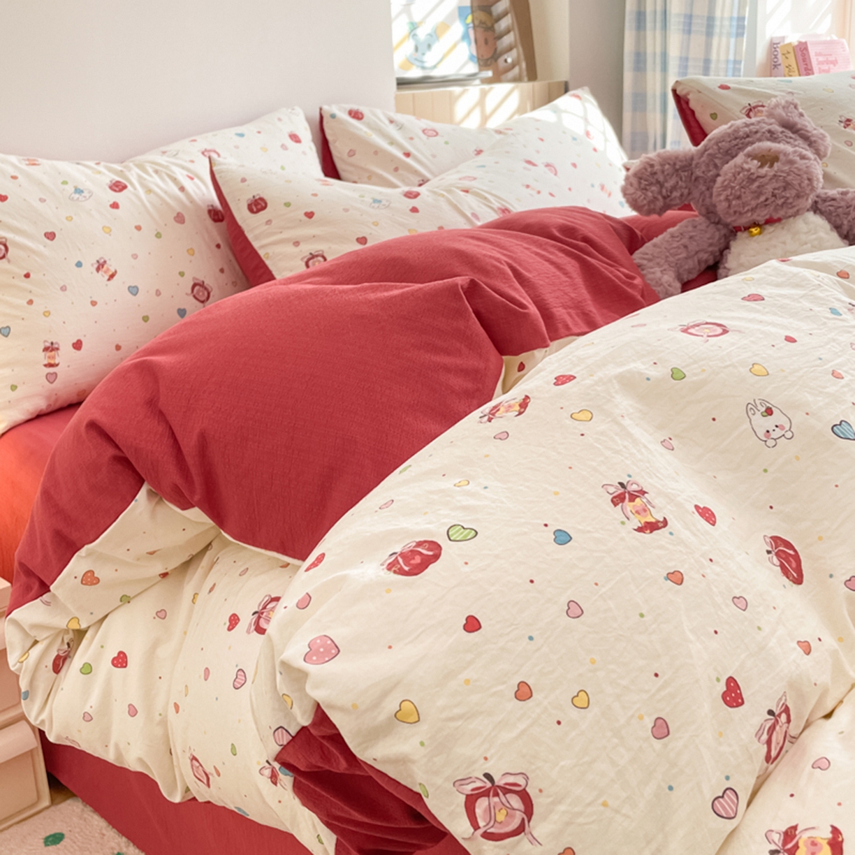 云玲时尚 2026新款古法水洗仿棉云感纱四件套 可爱苹果