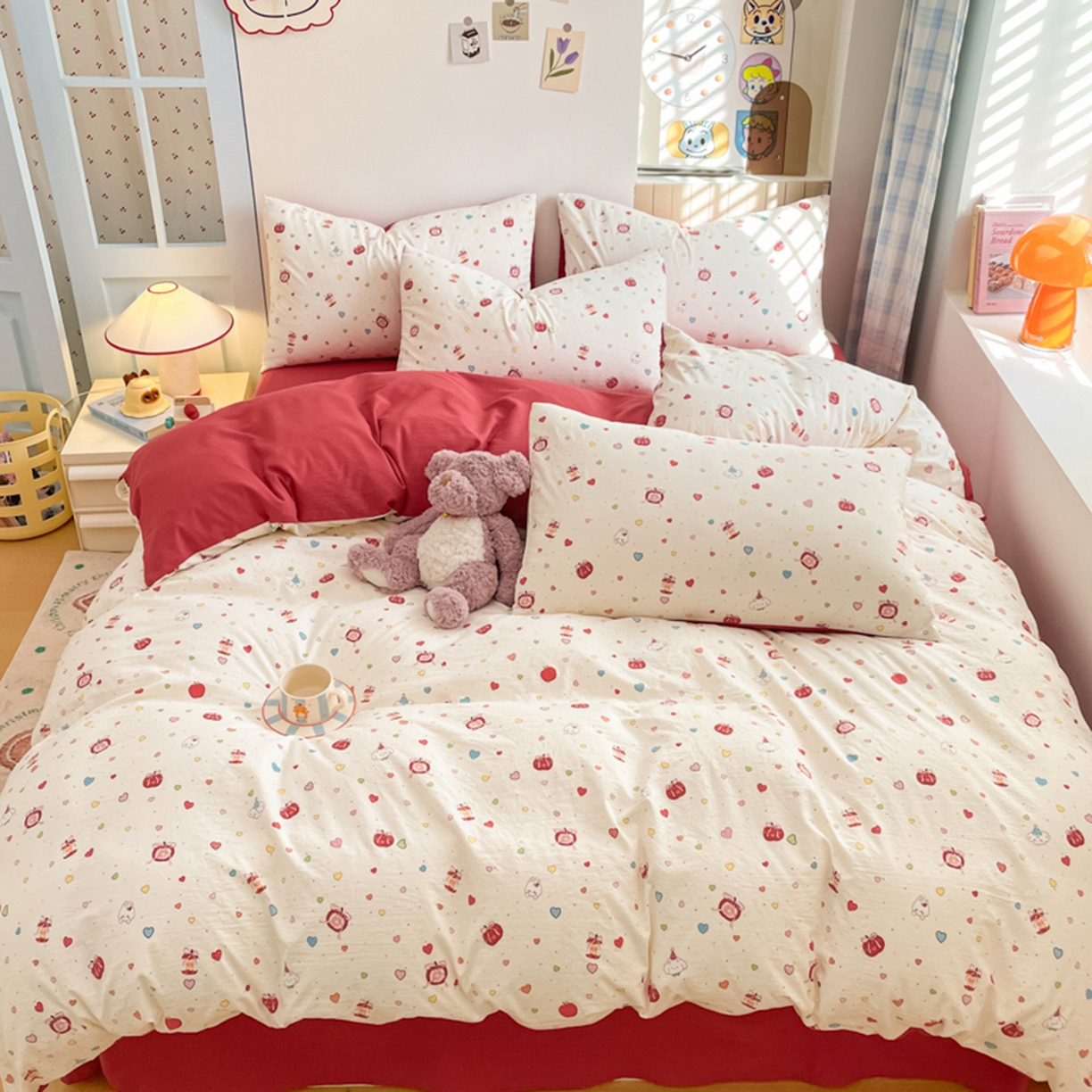 91家纺网 家纺一手货源 找家纺 云玲时尚 2026新款古法水洗仿棉云感纱四件套 可爱苹果