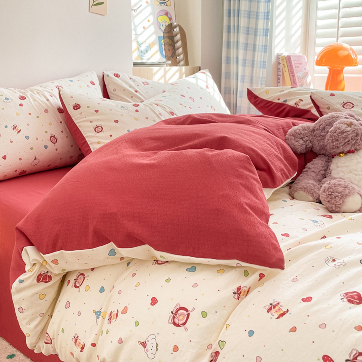 91家纺网 家纺一手货源 找家纺 云玲时尚 2026新款古法水洗仿棉云感纱四件套 可爱苹果