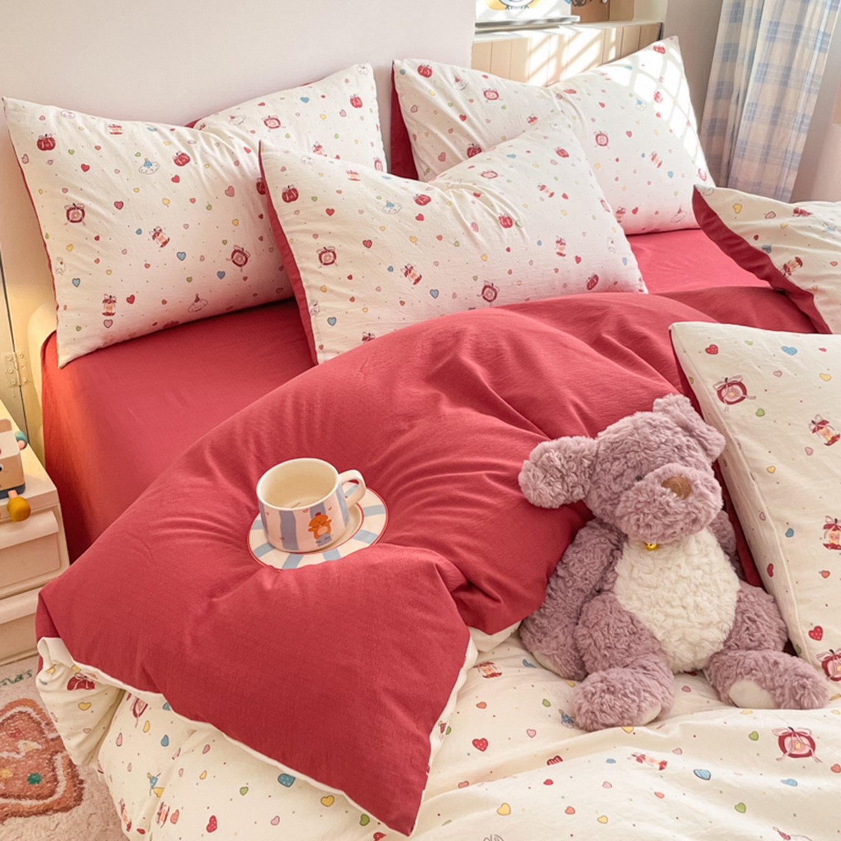 91家纺网 家纺一手货源 找家纺 云玲时尚 2026新款古法水洗仿棉云感纱四件套 可爱苹果