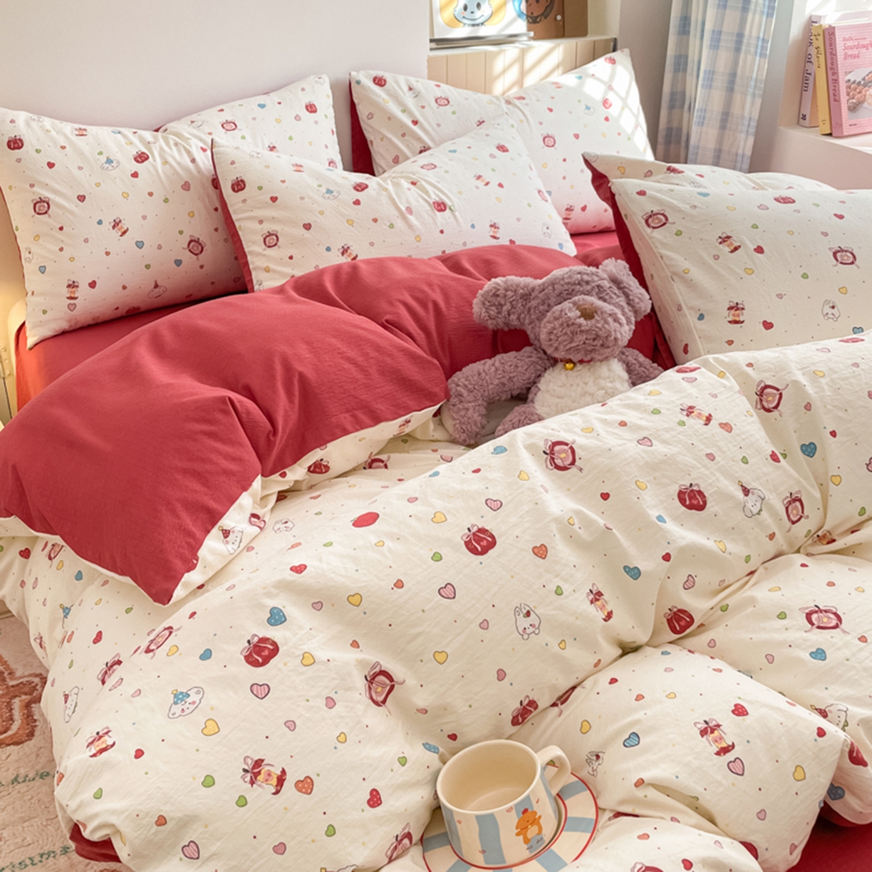 91家纺网 家纺一手货源 找家纺 云玲时尚 2026新款古法水洗仿棉云感纱四件套 可爱苹果