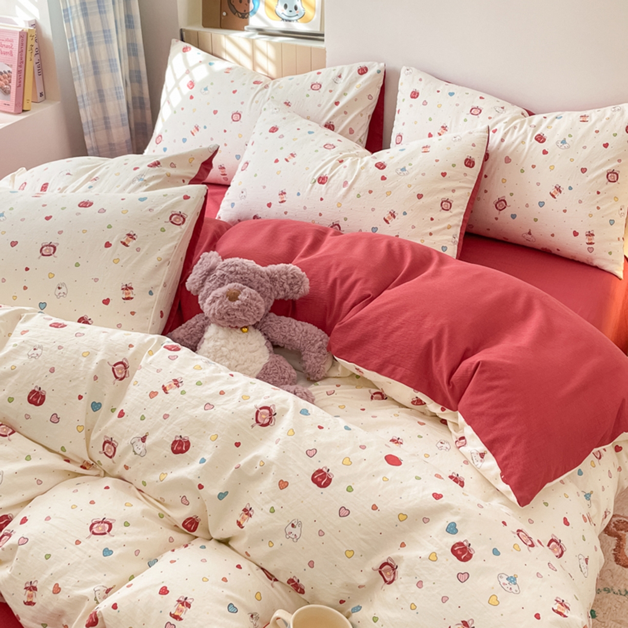 91家纺网 家纺一手货源 找家纺 云玲时尚 2026新款古法水洗仿棉云感纱四件套 可爱苹果