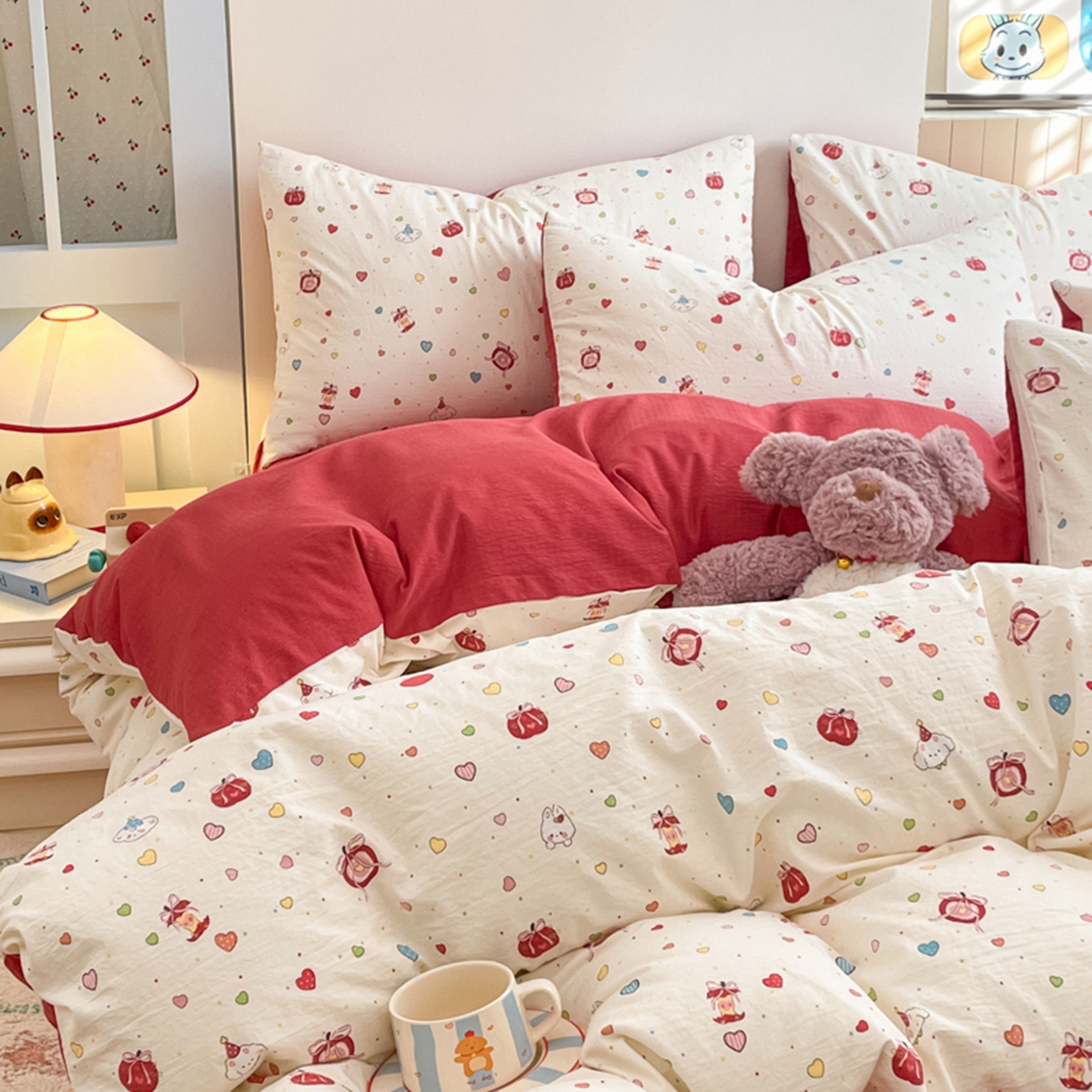 91家纺网 家纺一手货源 找家纺 云玲时尚 2026新款古法水洗仿棉云感纱四件套 可爱苹果