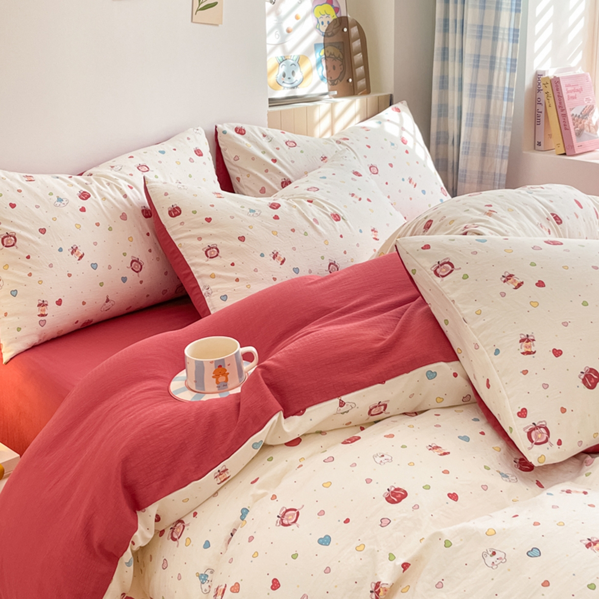 91家纺网 家纺一手货源 找家纺 云玲时尚 2026新款古法水洗仿棉云感纱四件套 可爱苹果