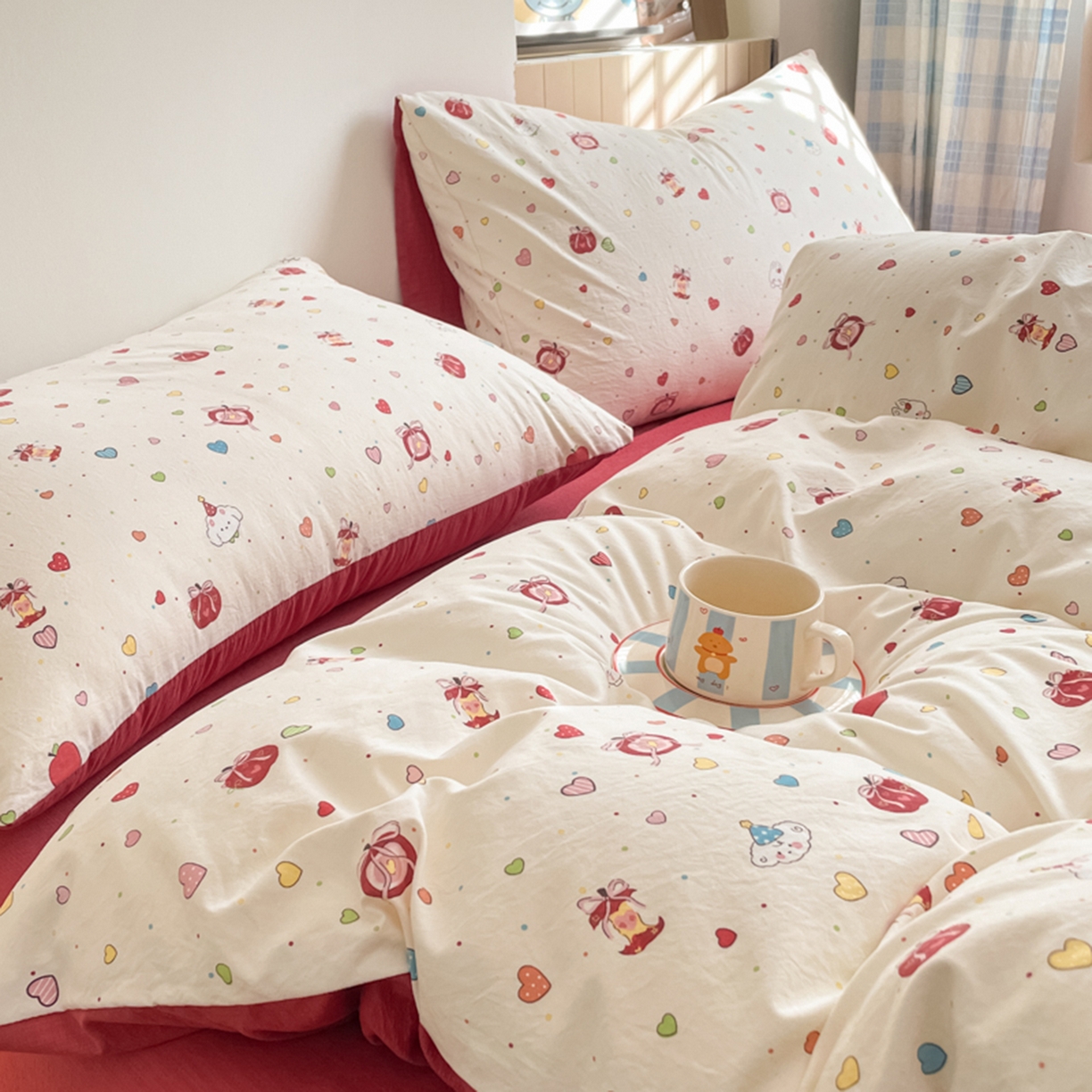 91家纺网 家纺一手货源 找家纺 云玲时尚 2026新款古法水洗仿棉云感纱四件套 可爱苹果