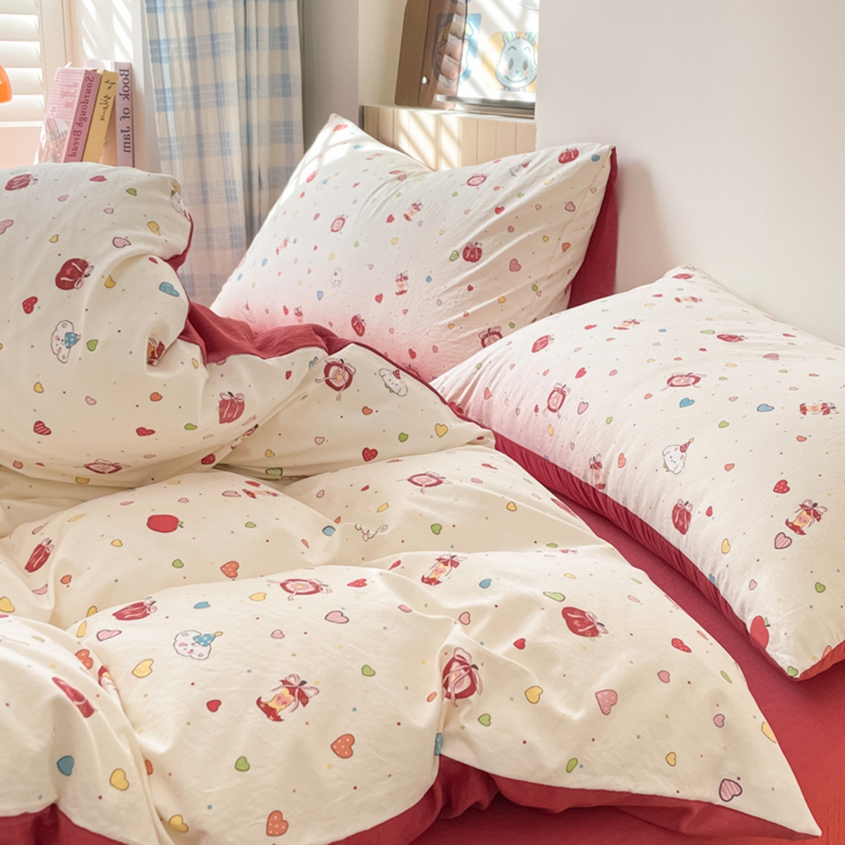 91家纺网 家纺一手货源 找家纺 云玲时尚 2026新款古法水洗仿棉云感纱四件套 可爱苹果