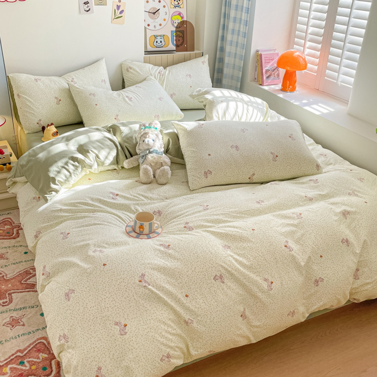 91家纺网 家纺一手货源 找家纺 云玲时尚 2026新款古法水洗仿棉云感纱四件套 绿荫兔子