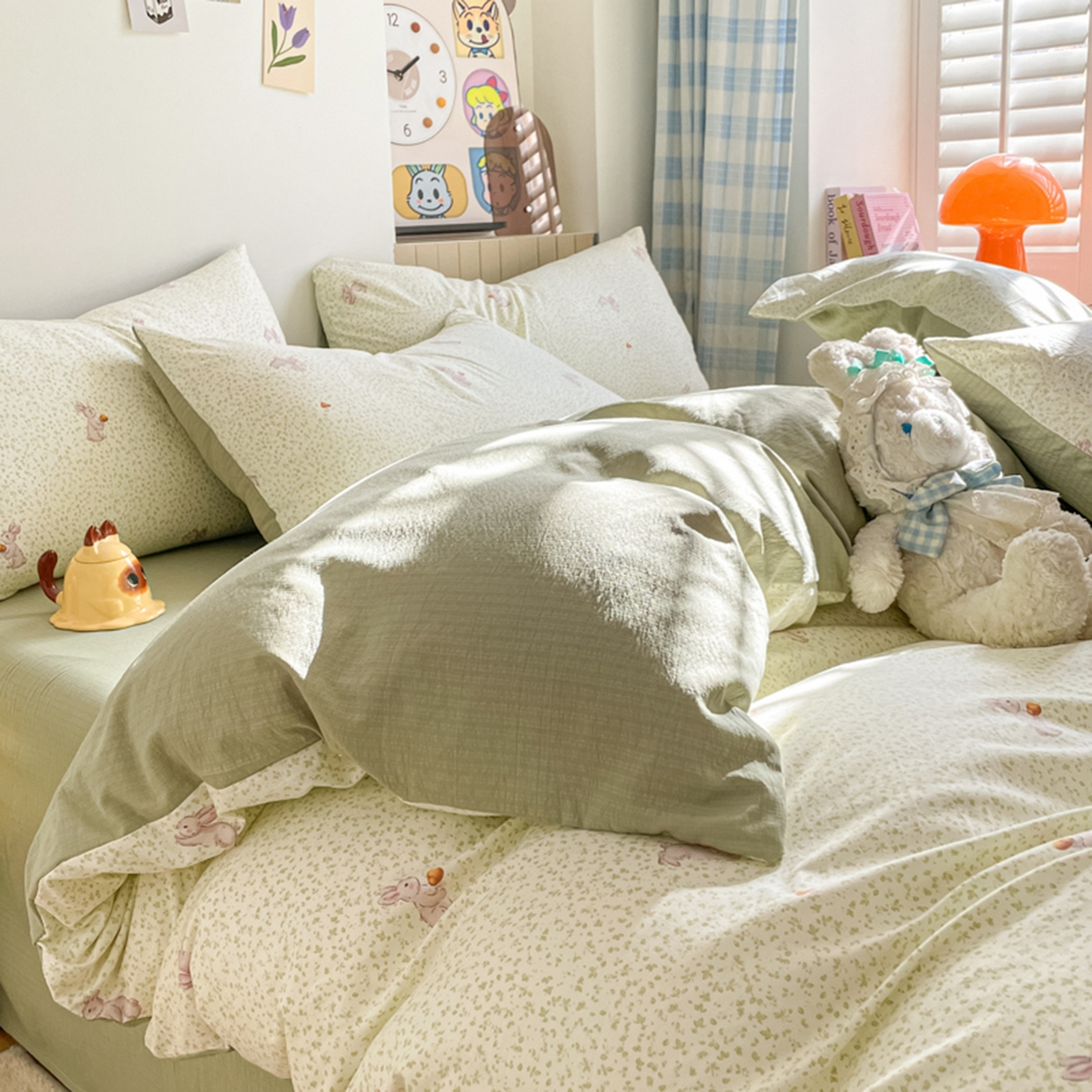 91家纺网 家纺一手货源 找家纺 云玲时尚 2026新款古法水洗仿棉云感纱四件套 绿荫兔子