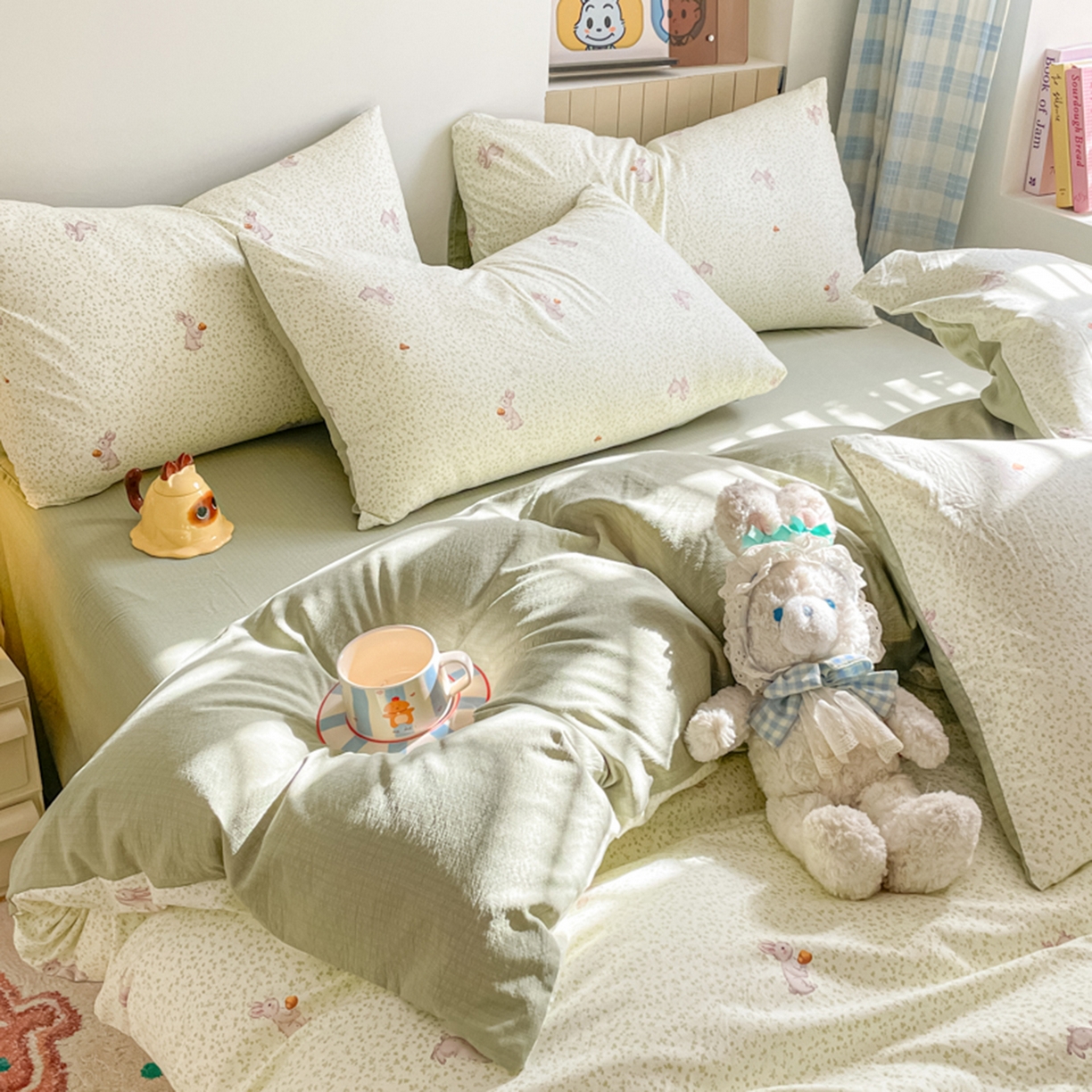 91家纺网 家纺一手货源 找家纺 云玲时尚 2026新款古法水洗仿棉云感纱四件套 绿荫兔子